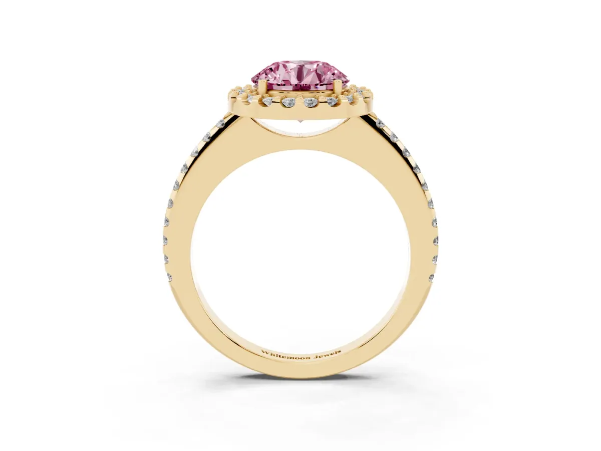 Fancy Pink Round Cut Diamond Pavé Halo Ring with Four-Prong Setting Yellow gold