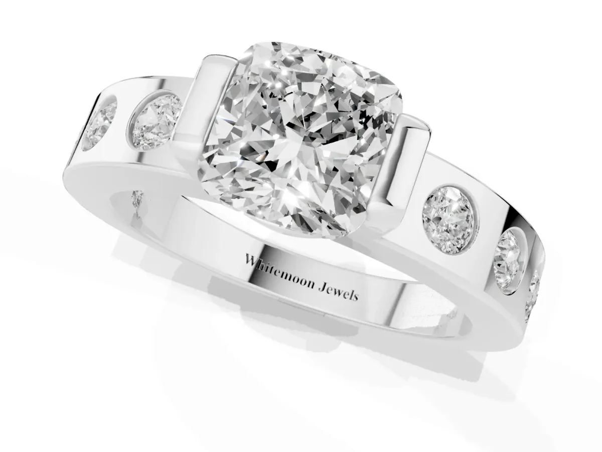 Cushion Cut Brilliant Channel-Set Diamond Ring with Bezel Prong Setting Silver