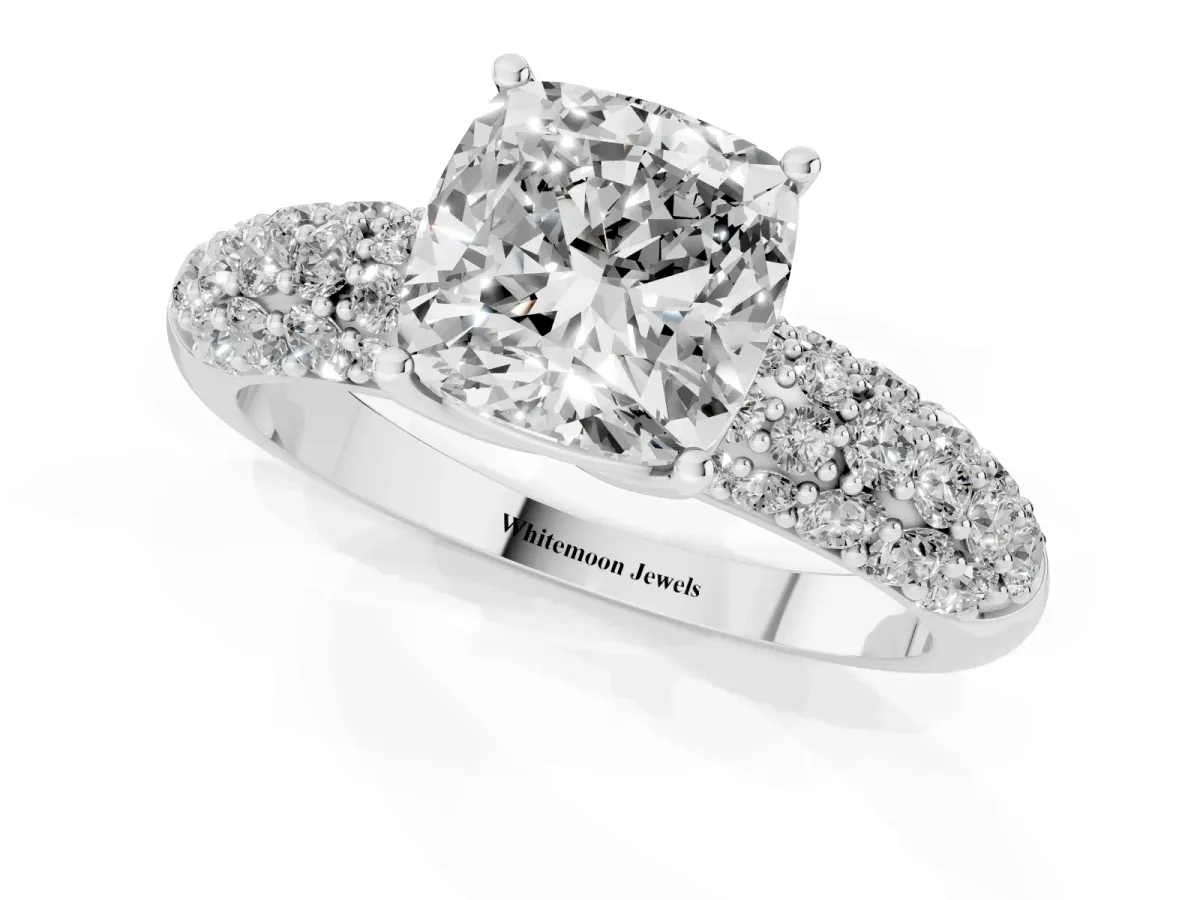Cushion Cut Diamond Pavé Band Solitaire Ring with Four-Prong Setting Silver