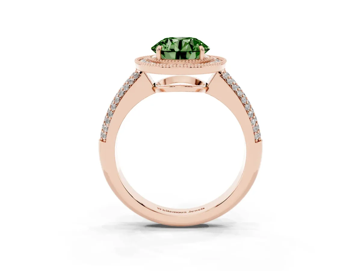 Fancy Green Round Cut Cut Halo Diamond Pave Band with Four-Prong Setting Rose gold