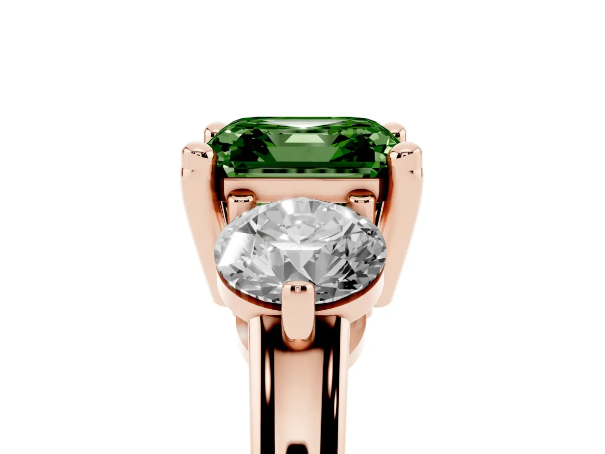Fancy Green Three-Stone Asscher Cut Brilliant Cut Solitaire Ring with Prong Setting on a Classic Band Rose gold