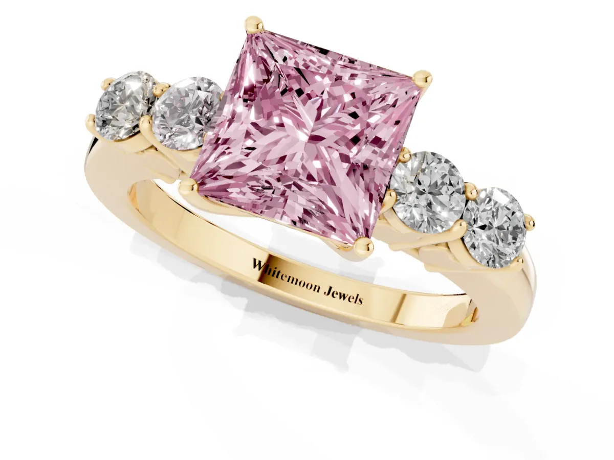 Fancy Pink Princess Cut Cut Diamond Five-Stone Prong Set White Gold Ring Yellow gold
