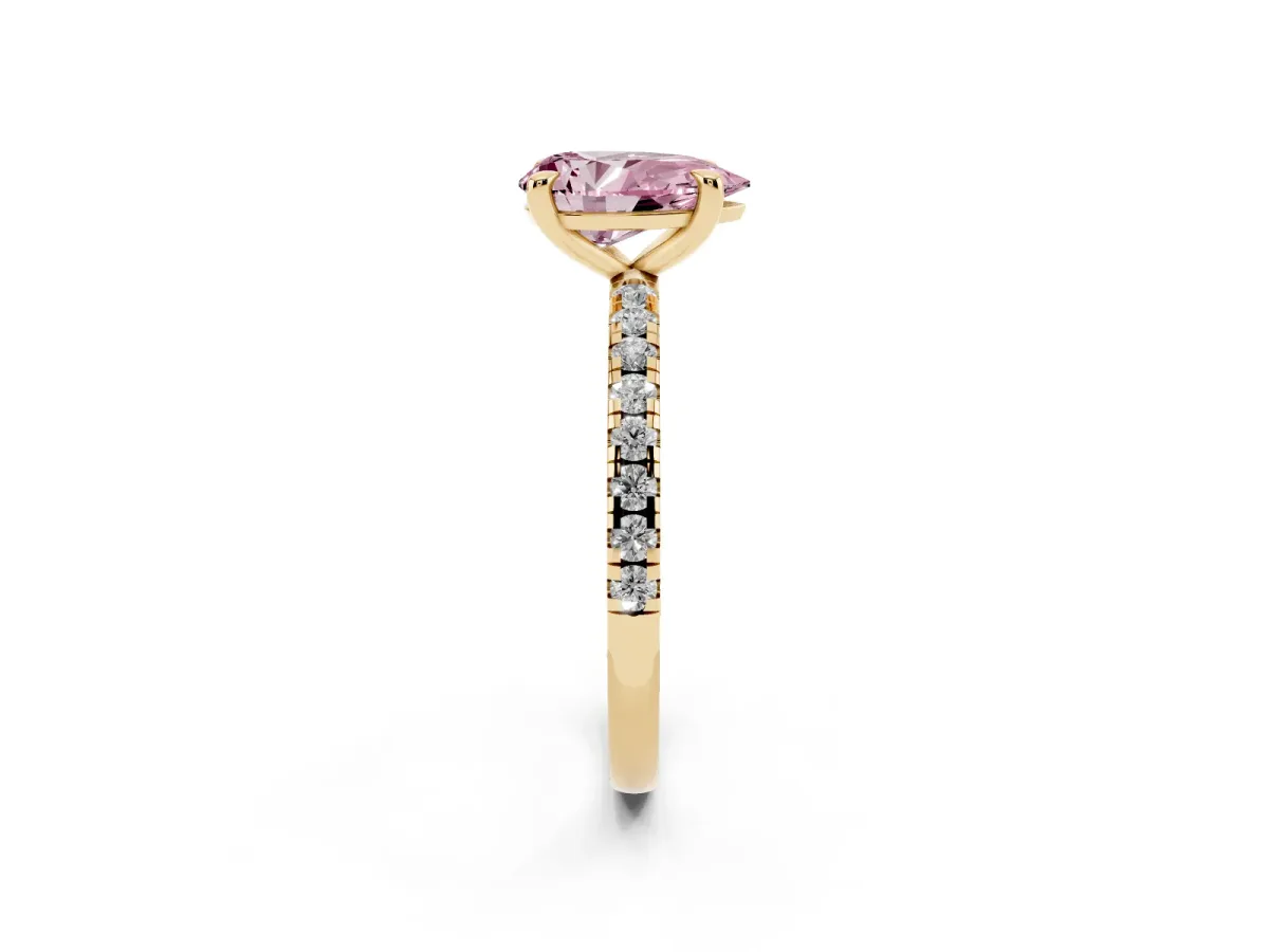 Fancy Pink Pear Cut Diamond Brilliant Solitaire Ring with Pavé Band and Four-Prong Setting Yellow gold