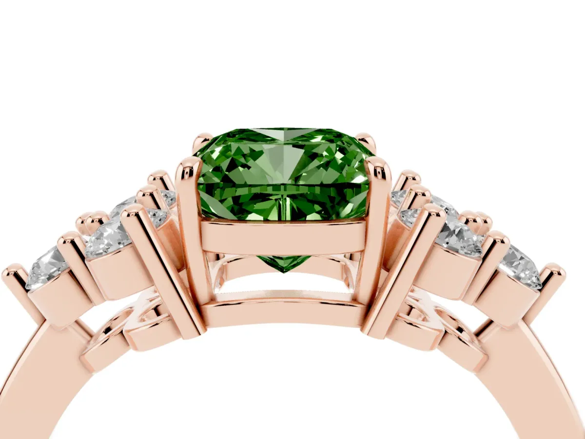 Fancy Green Cushion Cut Brilliant Diamond Cluster Accent Solitaire Ring with Prong Setting Rose gold