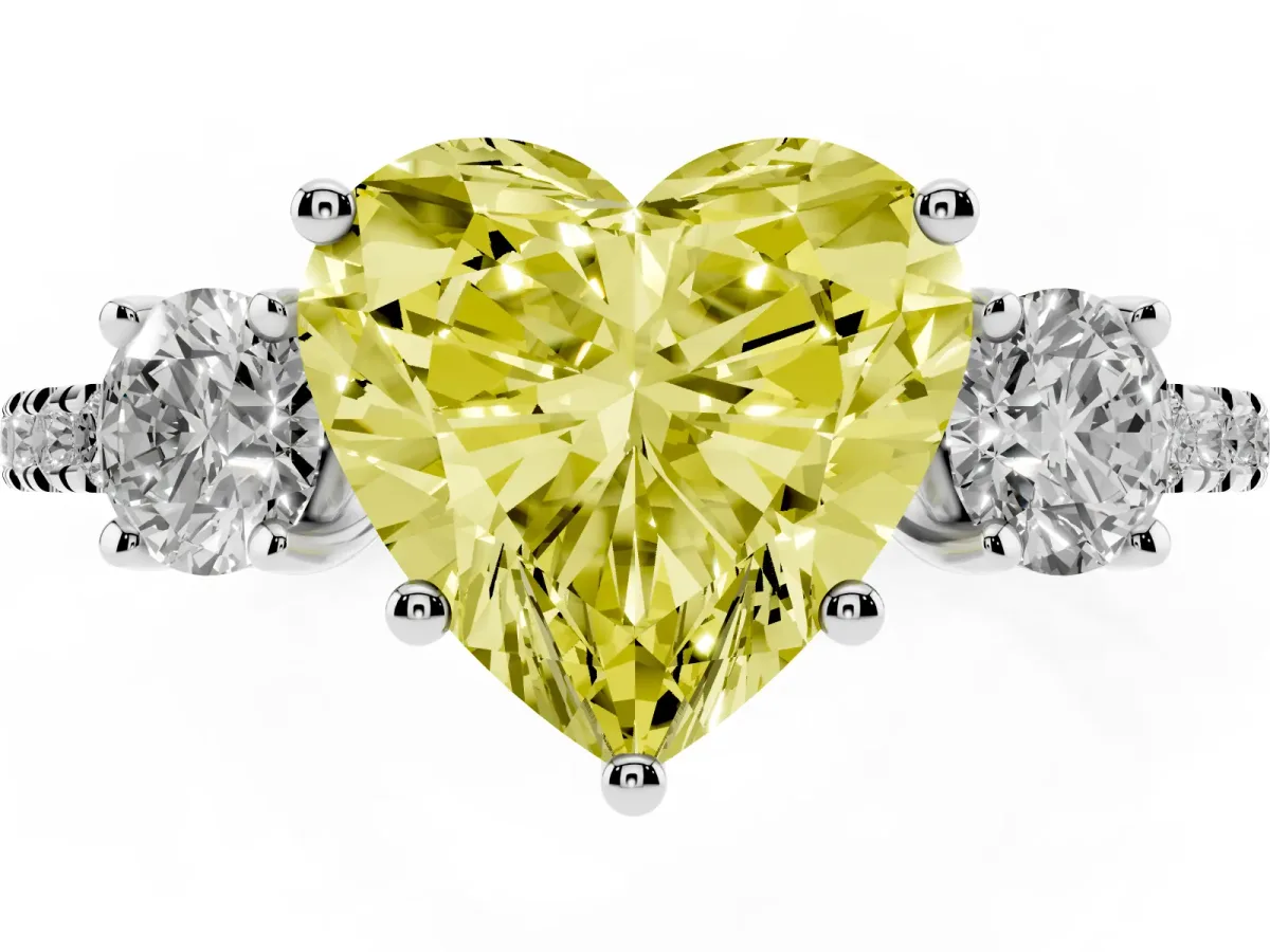 Fancy Yellow Three-Stone Heart Cut Cut Diamond Pavé Band with Prong Setting Silver