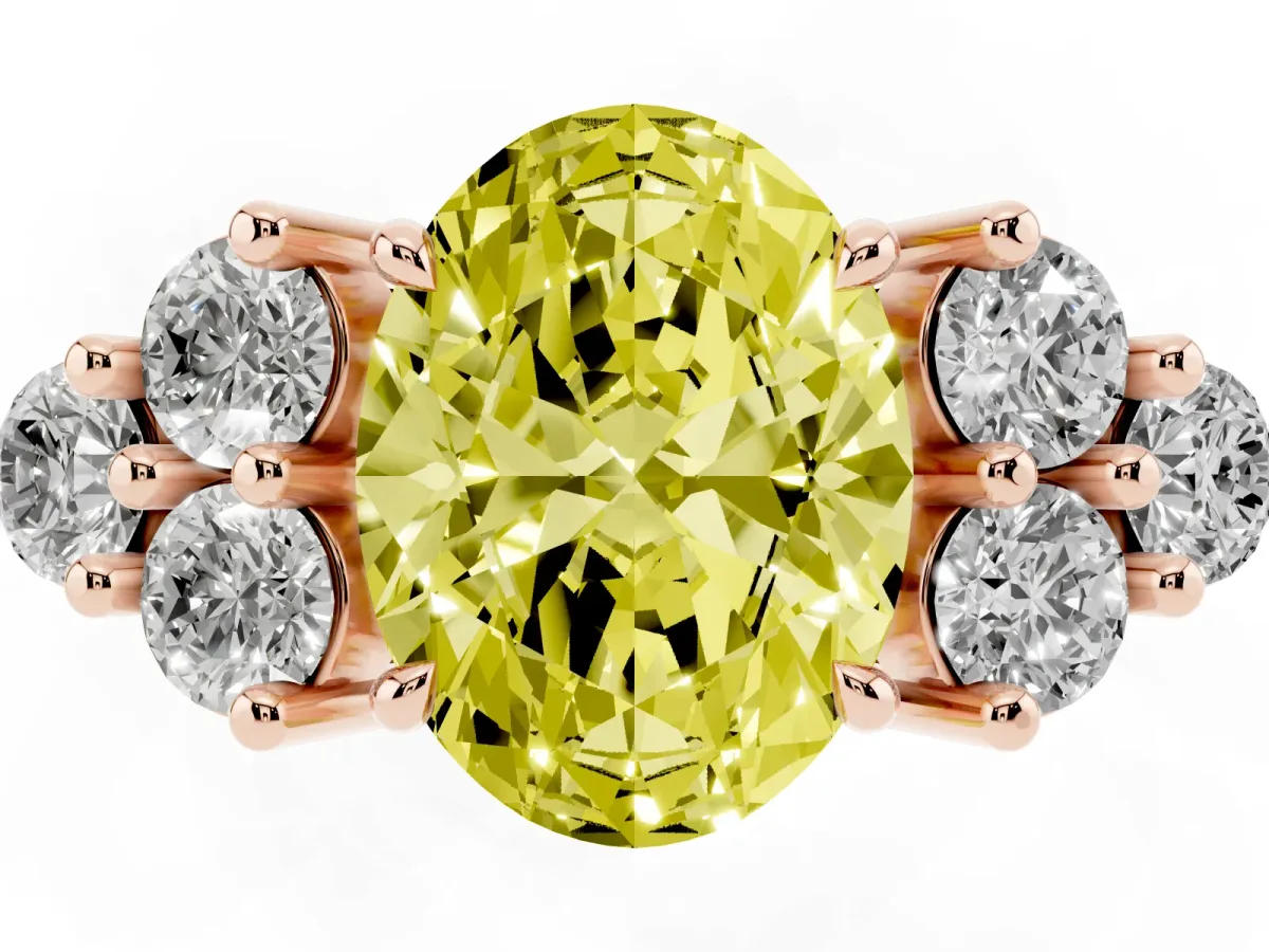 Fancy Yellow Oval Cut Brilliant Diamond Cluster Accent Solitaire Ring with Prong Setting Rose gold