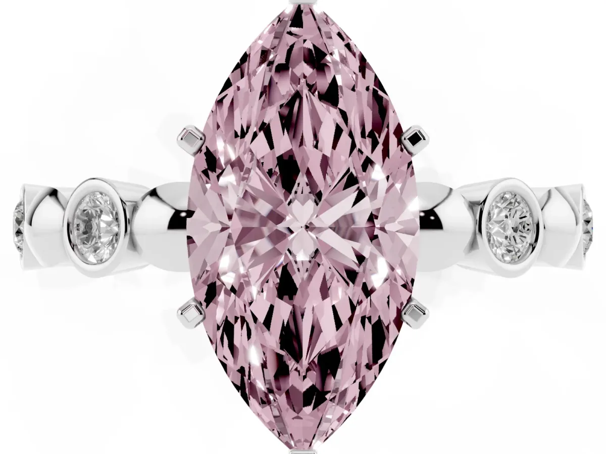 Fancy Pink Marquise Cut Solitaire Bezel-Set Diamond Ring with Beaded Band and Four-Prong Setting Silver