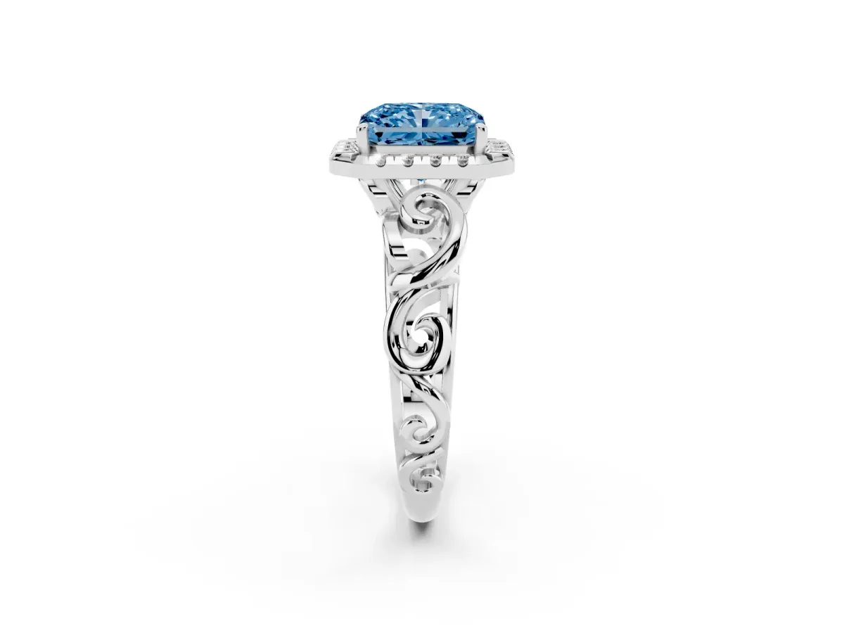 Fancy Blue Radiant Cut Cut Halo Diamond Ring with Scrollwork Band and Four-Prong Setting Silver