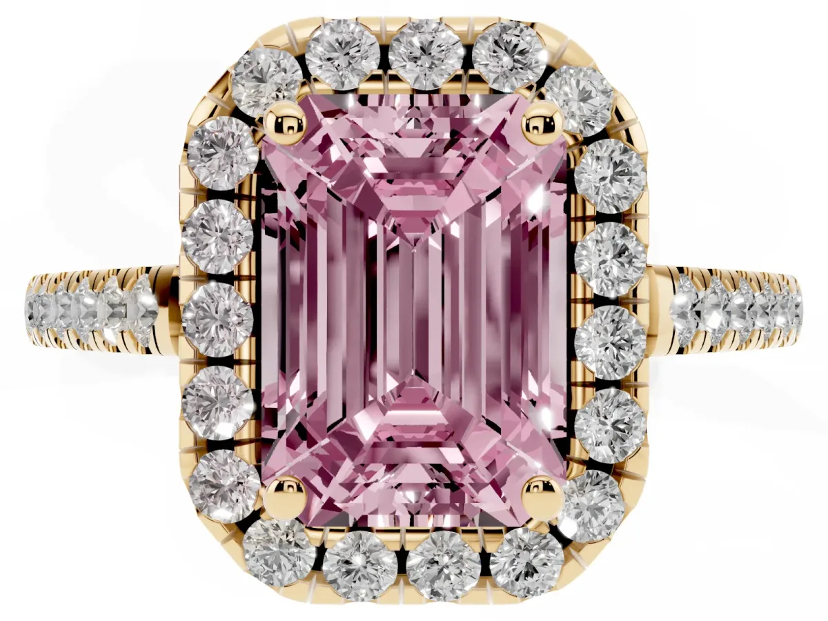 Fancy Pink Emerald Cut Halo Pavé Diamond Engagement Ring with Four-Prong Setting Yellow gold
