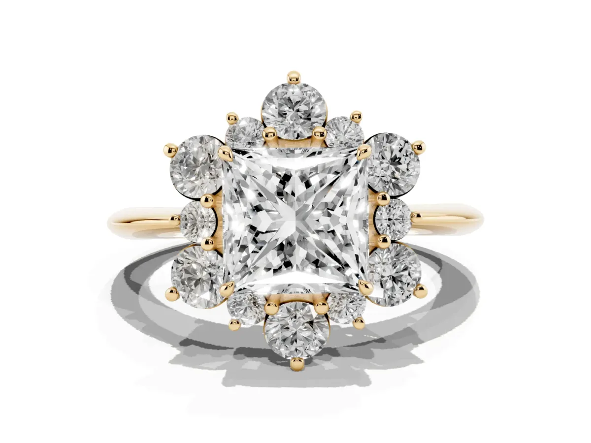 Princess Cut Diamond Cluster Halo Ring with Solitaire Band and Four-Prong Setting Yellow gold