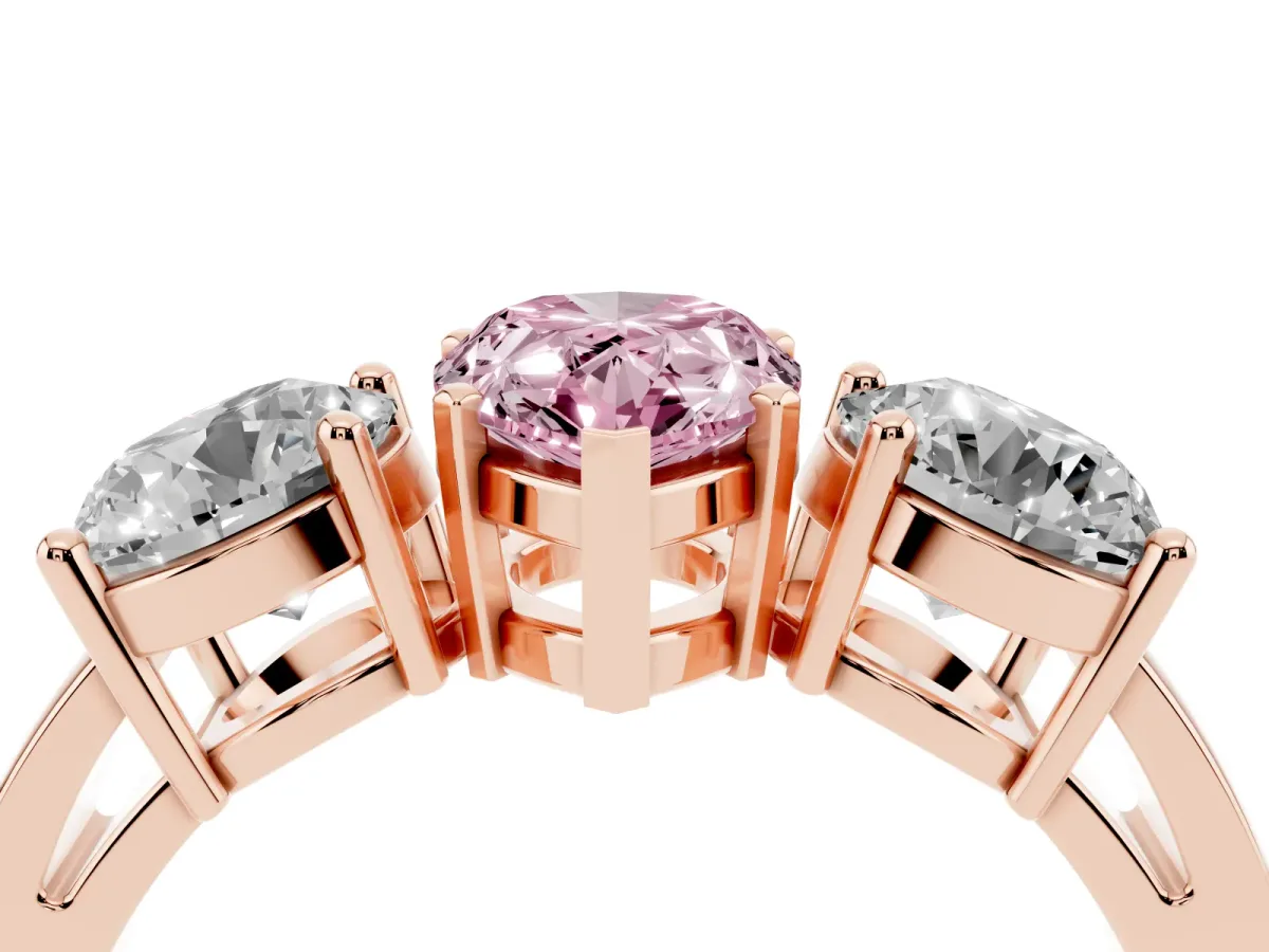 Fancy Pink Three-Stone Pear Cut Diamond Ring with Round Side Stones, Classic Band, and Four-Prong Setting Rose gold