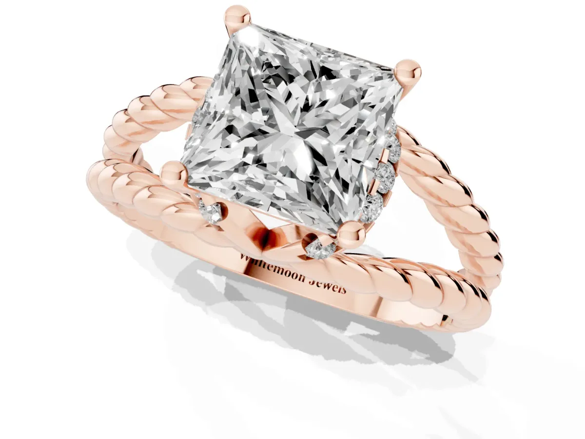 Princess Cut Halo Twisted Band Four-Prong Ring Rose gold