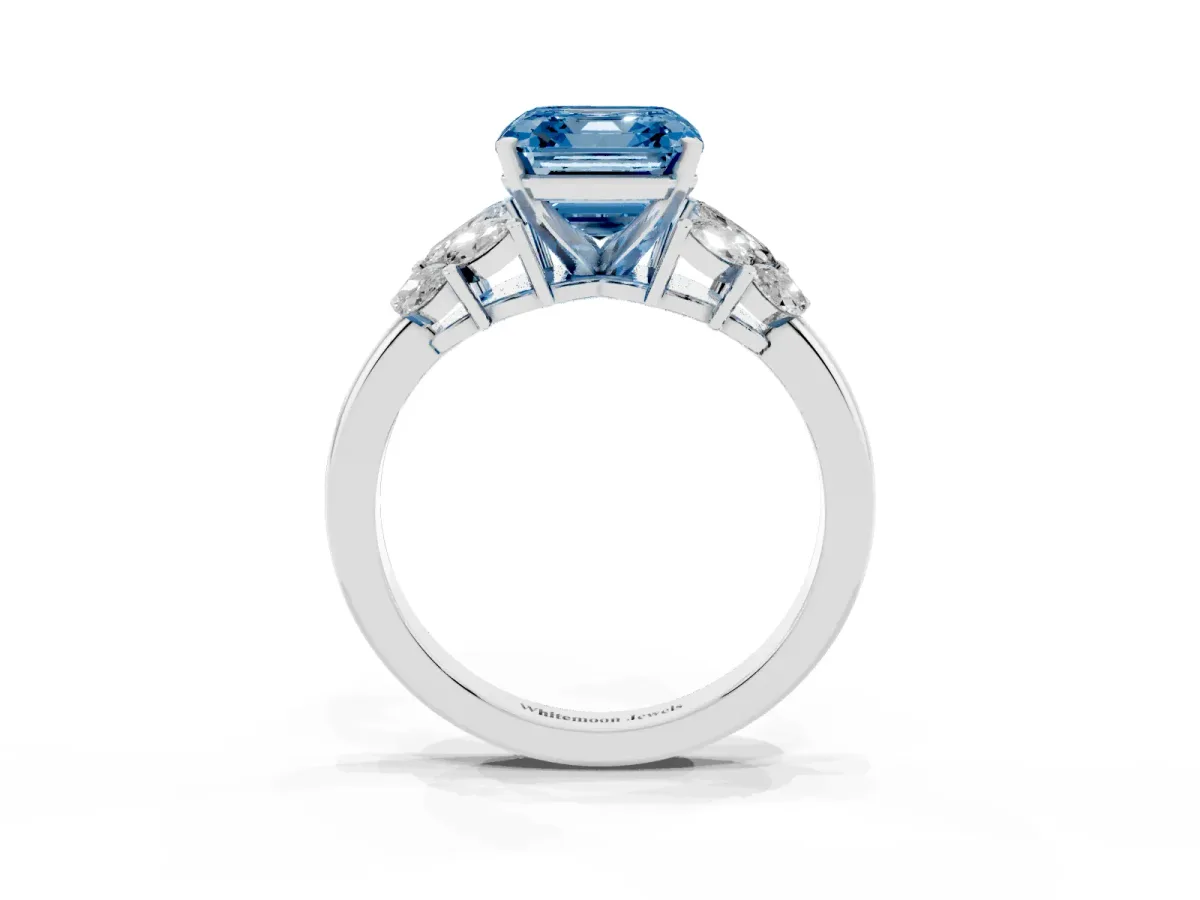 Fancy Blue Asscher Cut Diamond Cluster Leaf Design Ring with Prong Setting Silver