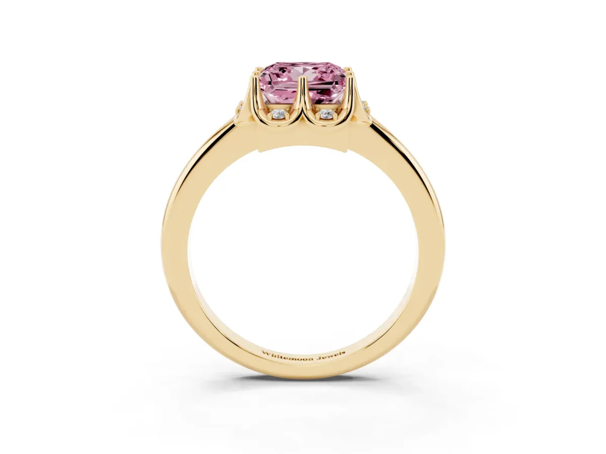 Fancy Pink Princess Cut Halo Diamond Ring with Round Cluster Setting, Solitaire Band, and Four-Prong Setting Yellow gold