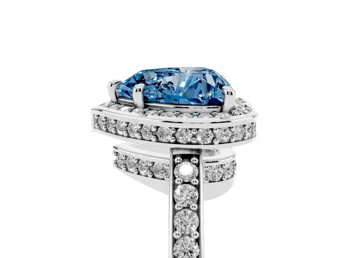 Fancy Blue Heart Cut Halo Pave Band Solitaire Ring with Prong Setting Silver