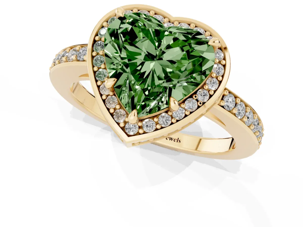 Fancy Green Heart Cut Halo Pave Band Solitaire Ring with Prong Setting Yellow gold