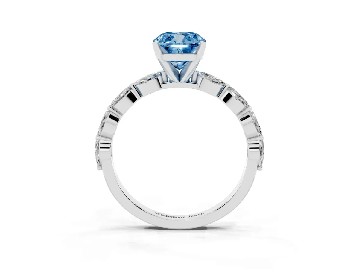 Fancy Blue Cushion Cut Diamond Ring with Marquise Side Stones and Prong Setting White gold