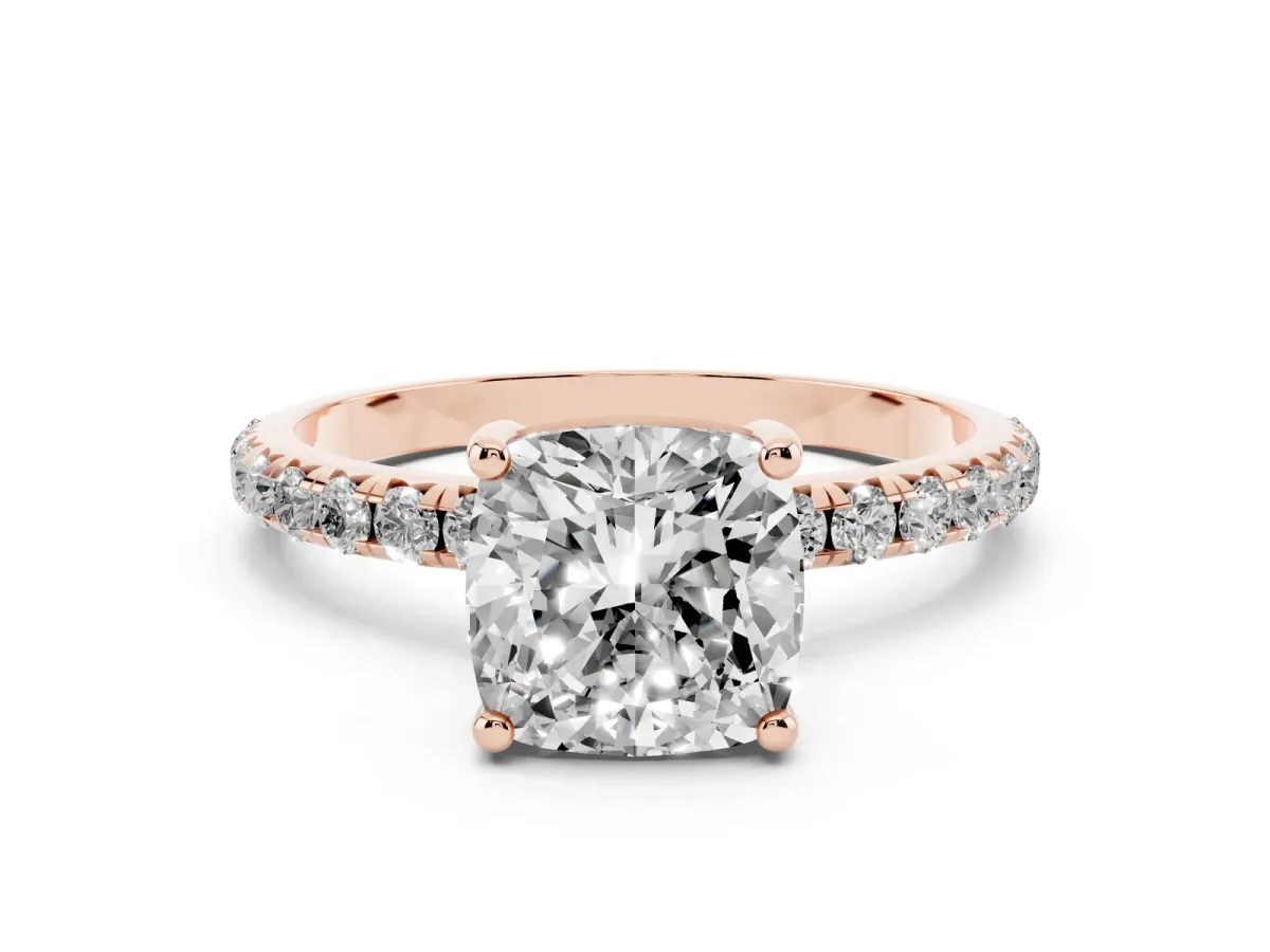 Cushion Cut Cut Diamond Solitaire Ring with Micro Pave Band and Four Prong Setting Rose gold