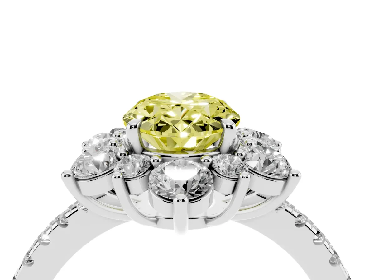 Fancy Yellow Oval Cut Diamond Floral Halo Ring with Round Pavé Band and Prong Setting Silver