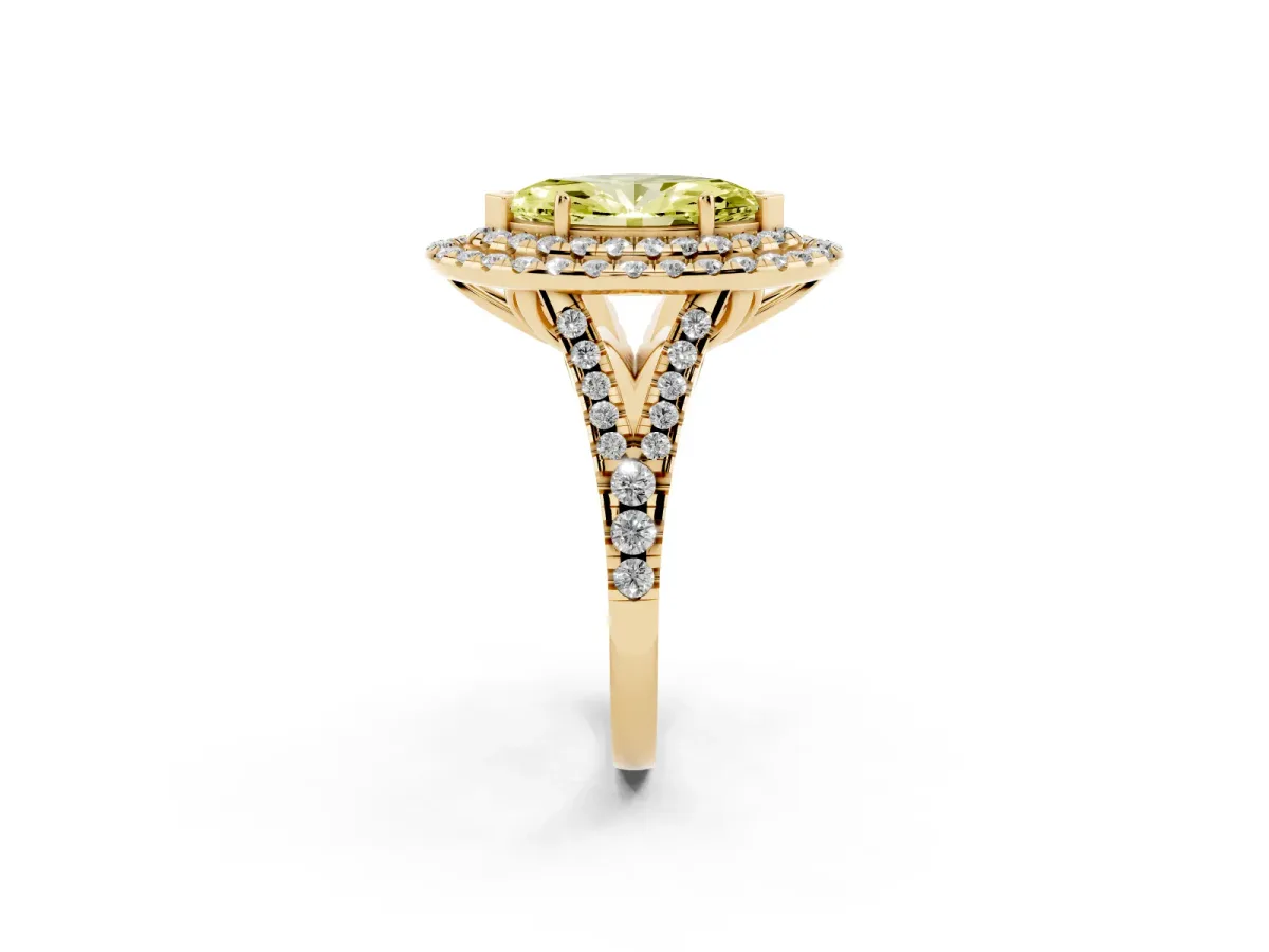 Fancy Yellow Double Halo Marquise Cut Diamond Pavé Split Shank Ring with Prong Setting Yellow gold