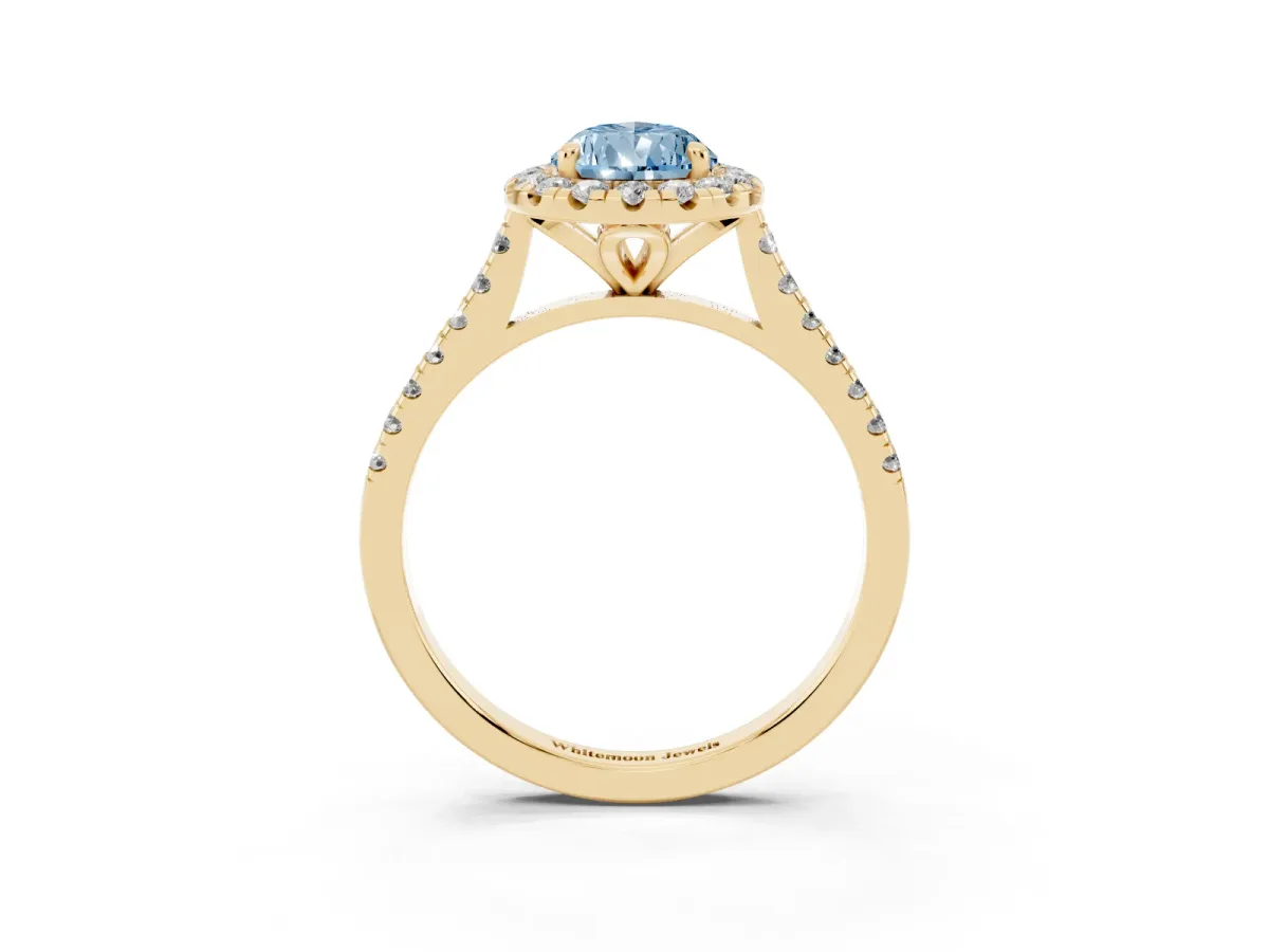 Fancy Blue Pear Cut Diamond Cushion Halo Ring with Pavé Band Yellow gold