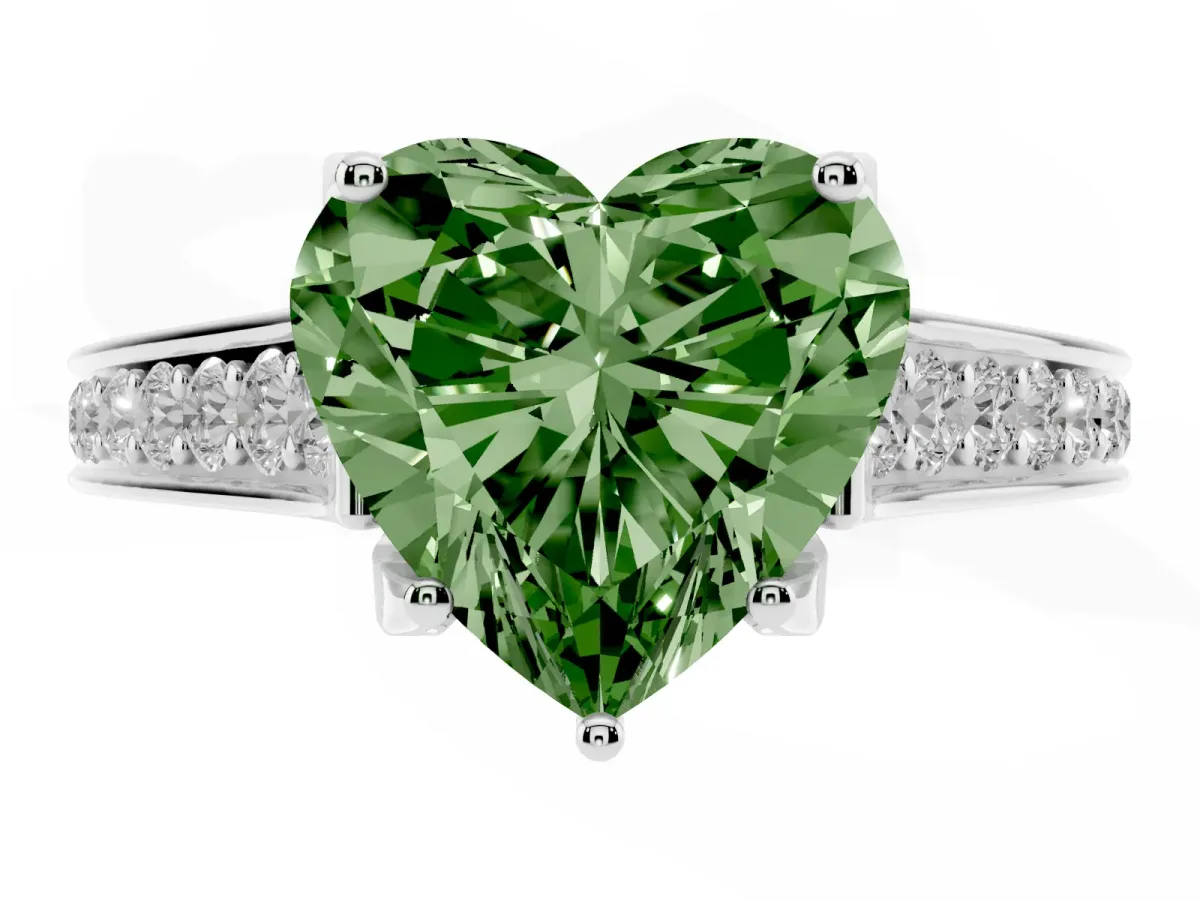 Fancy Green Heart Cut Brilliant Cut Diamond Engagement Ring with Pavé Band and Four-Prong Setting Platinum