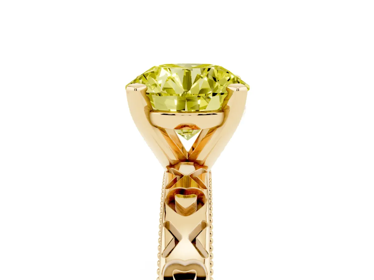 Fancy Yellow Round Cut Solitaire Diamond Engagement Ring with XO Engraved Band and Four-Prong Setting Yellow gold