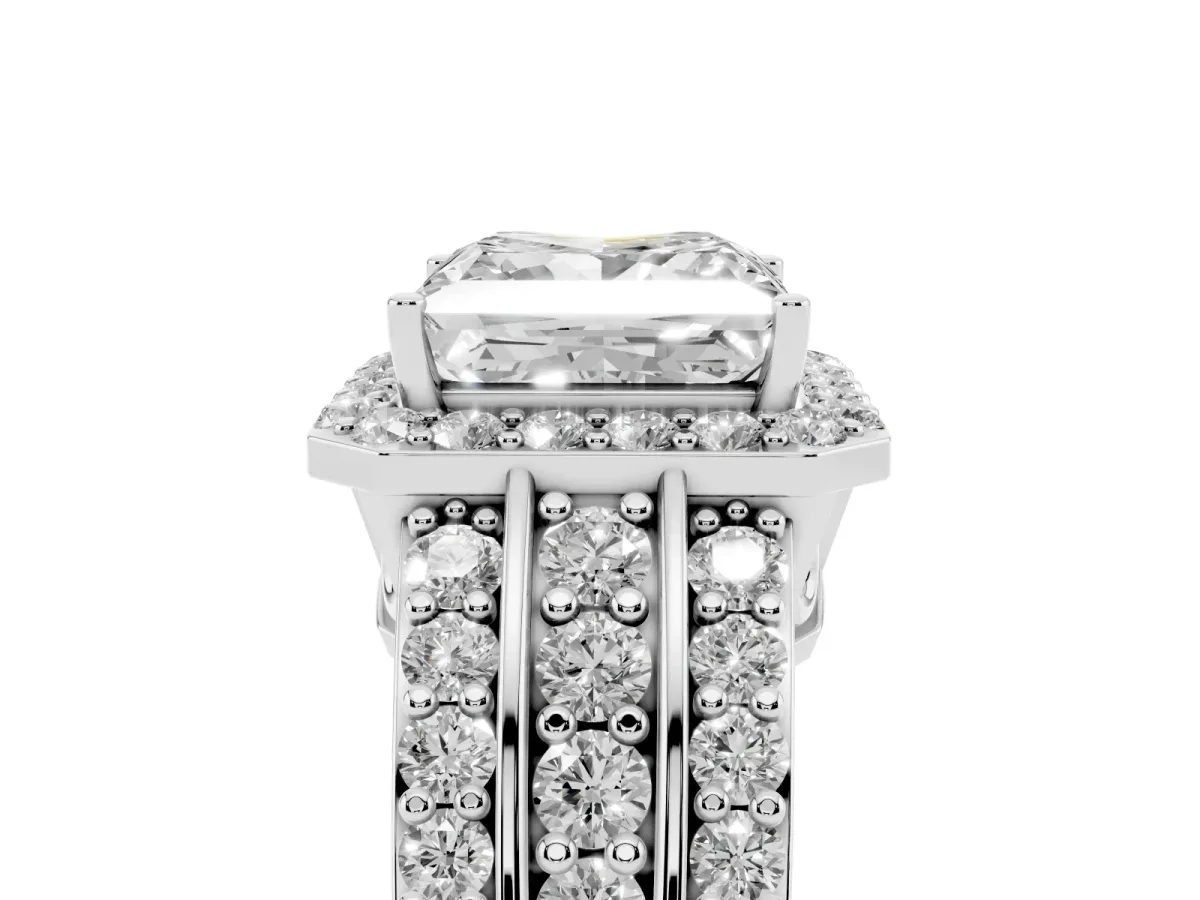 Princess Cut Halo Diamond Ring with Round Split Shank and Prong Setting Silver