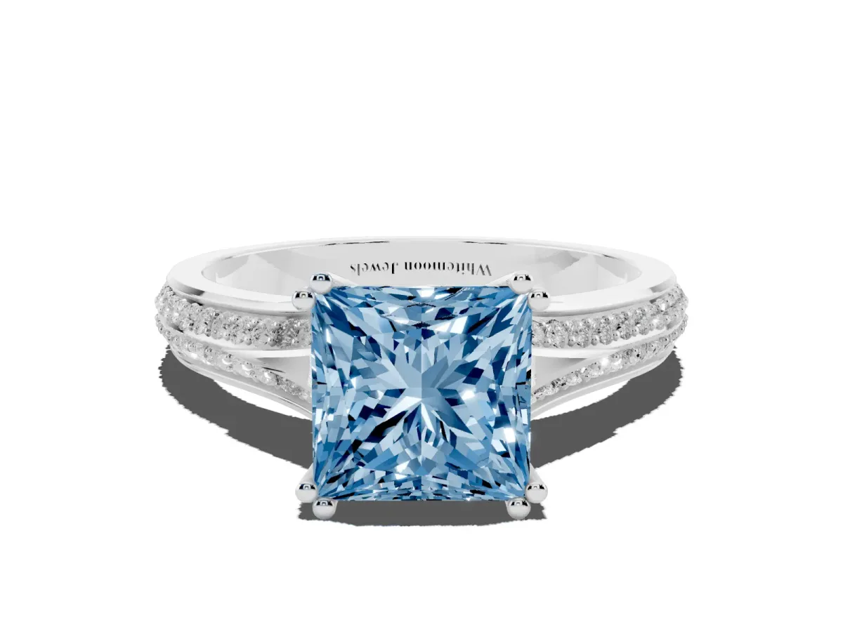 Fancy Blue Princess Cut Diamond Split Shank Engagement Ring with Pavé Band Silver