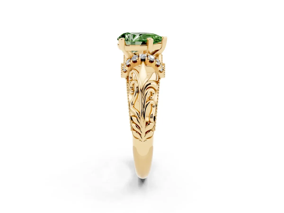 Fancy Green Pear Cut Solitaire Filigree Engagement Ring with Halo and Prong Setting Yellow gold
