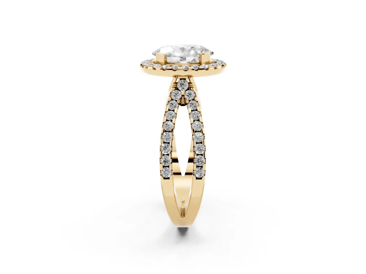 Oval Cut Diamond Halo Ring with Split Shank Pavé Band and Prong Setting Yellow gold