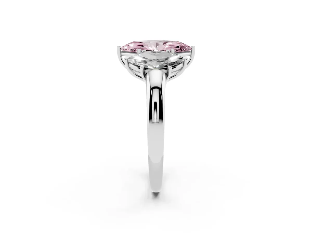 Fancy Pink Marquise Cut Diamond Three-Stone Ring with Four-Prong Setting and Classic Band Silver