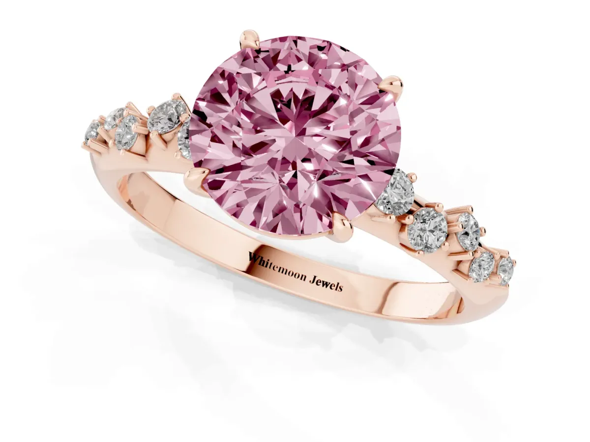 Fancy Pink Round Cut Diamond Cluster Side Stone Solitaire Ring with Prong Setting Rose gold