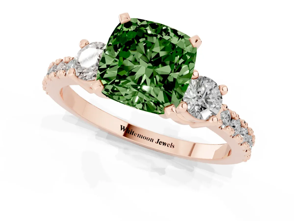 Fancy Green Cushion Cut Three-Stone Diamond Pavé Band with Prong Setting Rose gold