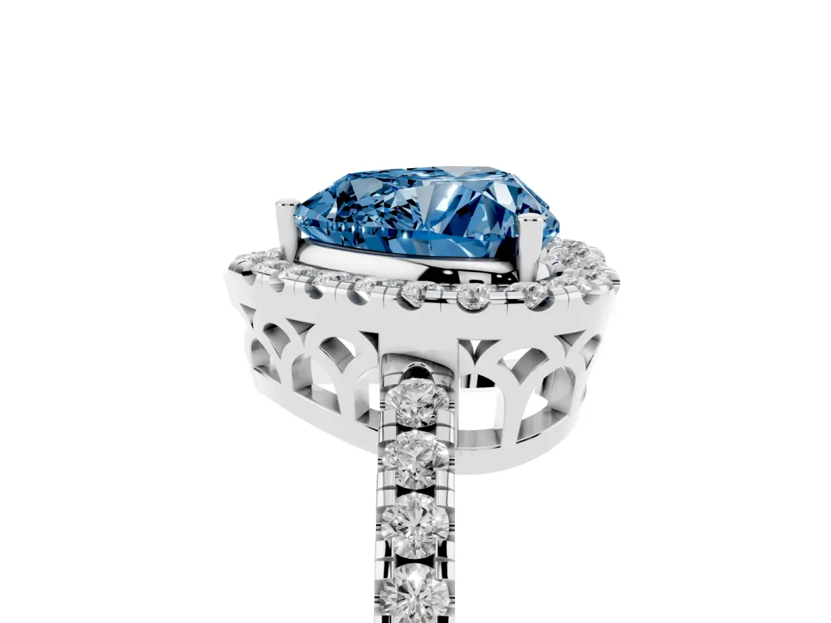 Fancy Blue Heart Cut Halo Diamond Engagement Ring with Pavé Band and Four-Prong Setting Platinum