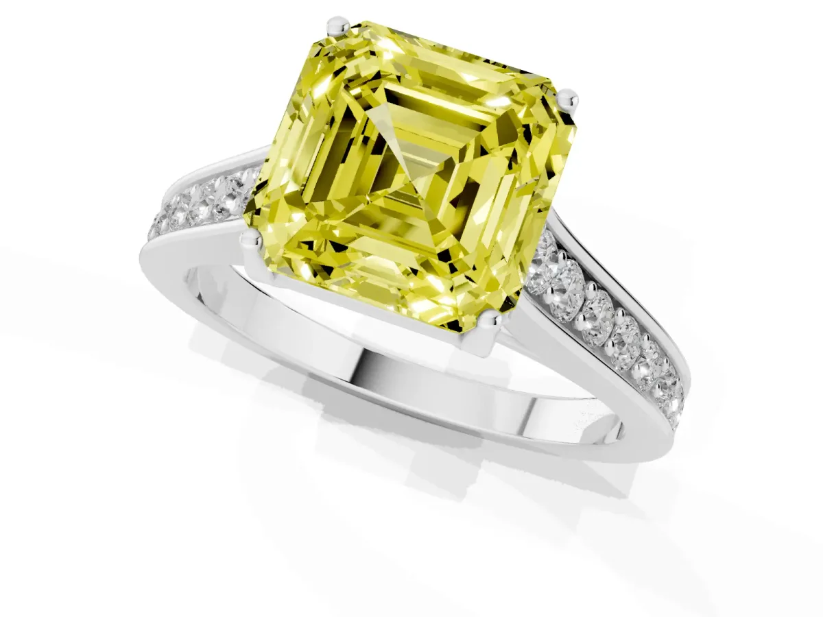 Fancy Yellow Asscher Cut Brilliant Cut Diamond Engagement Ring with Pavé Band and Four-Prong Setting Silver
