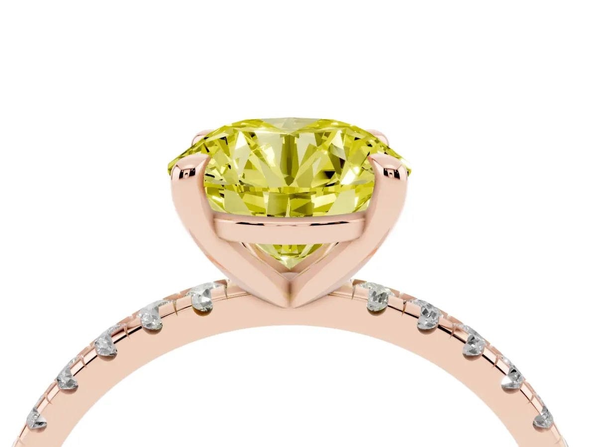 Fancy Yellow Round Cut Diamond Brilliant Solitaire Ring with Pavé Band and Four-Prong Setting Rose gold