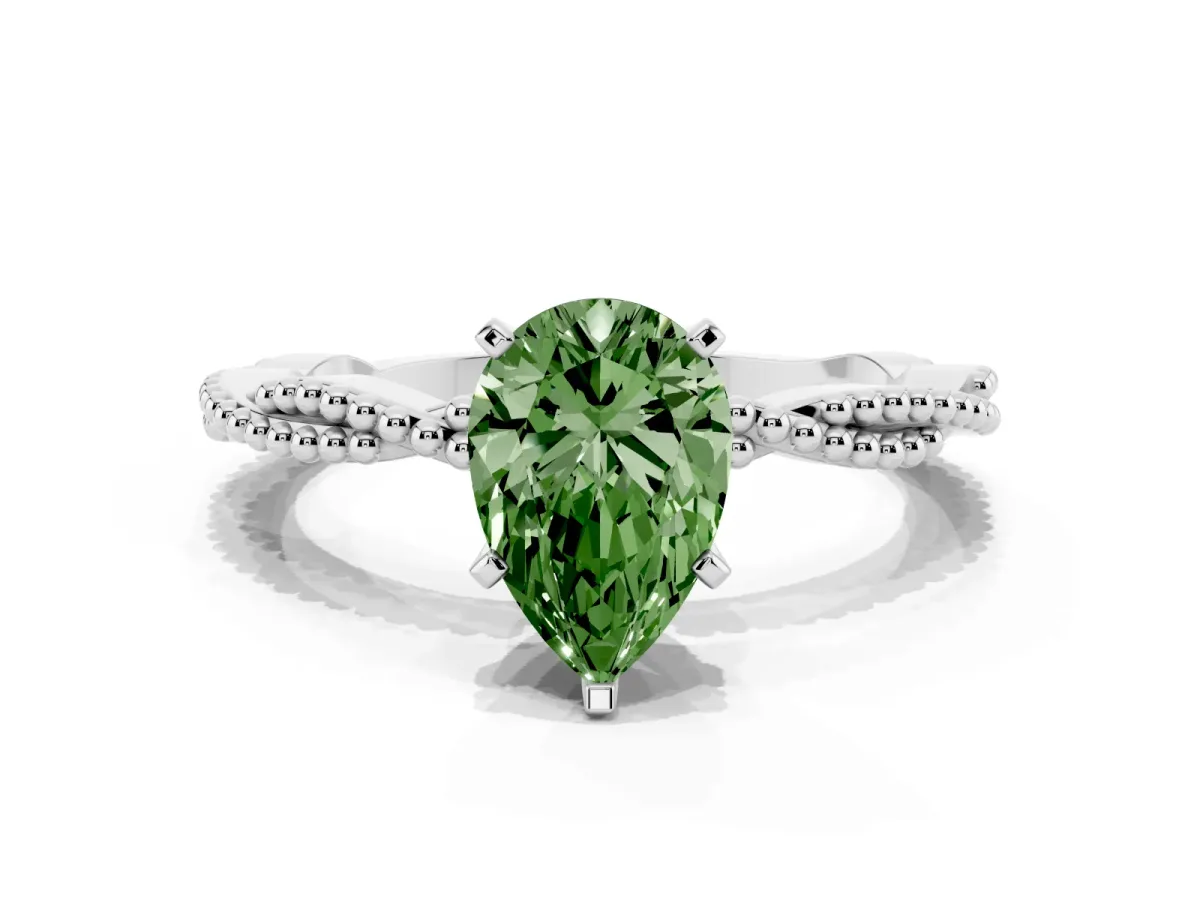 Fancy Green Pear Cut Solitaire Twisted Band with Bead Prong Setting Silver