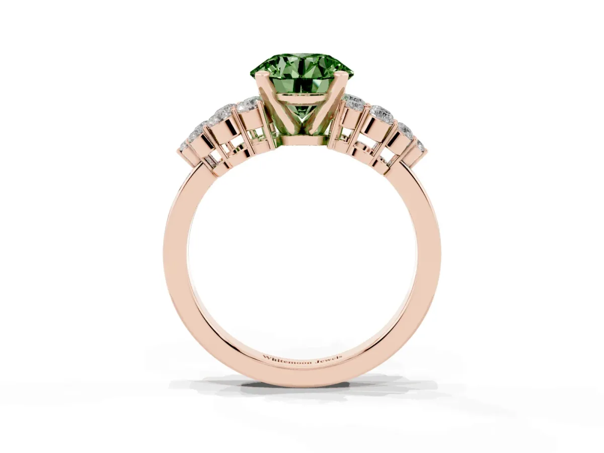 Fancy Green Round Cut Cluster Diamond Engagement Ring with Pavé Band and Four-Prong Setting Rose gold
