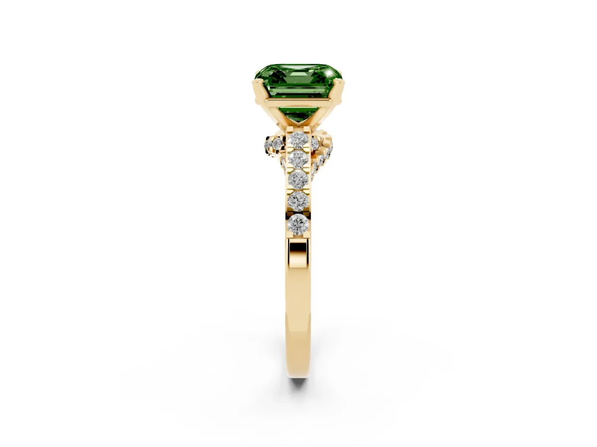 Fancy Green Asscher Cut Diamond Solitaire Ring with Crossover Gallery and Round Pavé Band Yellow gold