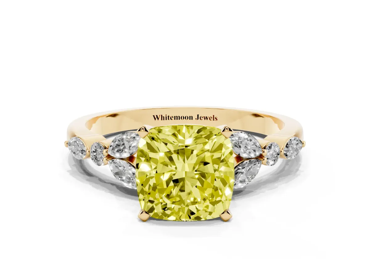 Fancy Yellow Cushion Cut Diamond Solitaire Ring with Side Stones and Four-Prong Setting Yellow gold