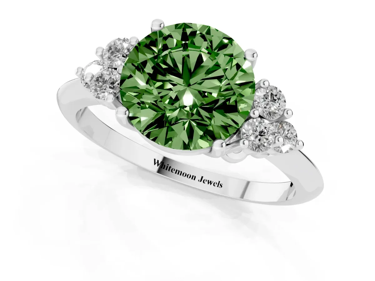 Fancy Green Round Cut Cut Diamond Cluster Ring with Solitaire Band and Four-Prong Setting Silver