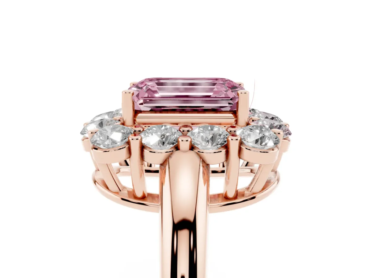 Fancy Pink Emerald Cut Halo Cluster Diamond Engagement Ring with Prong Setting and Polished Band Rose gold