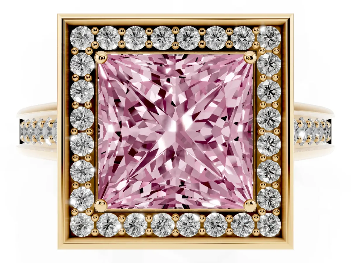Fancy Pink Princess Cut Halo Solitaire Diamond Ring with Pave Band and Bezel Setting Yellow gold