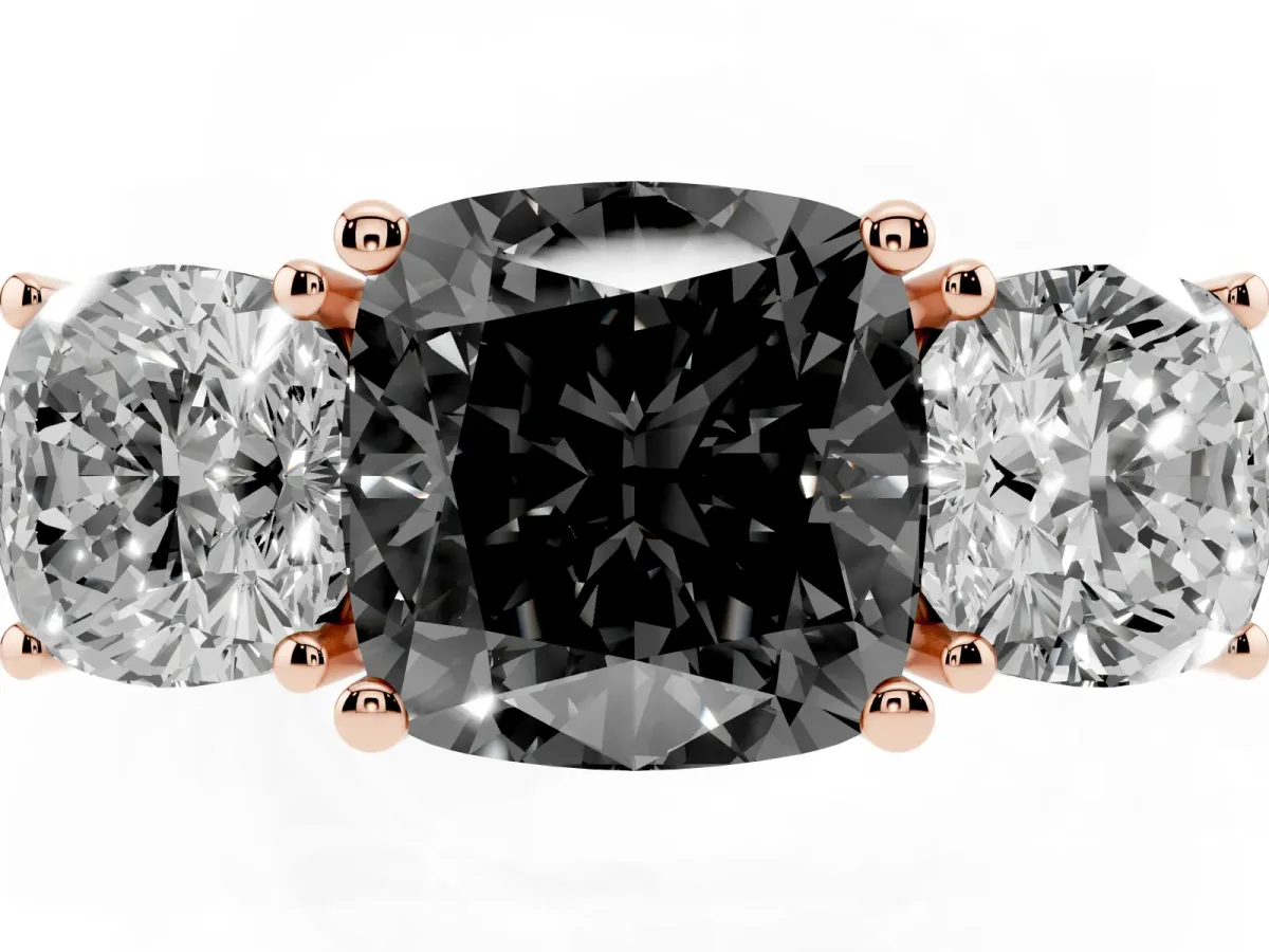 Fancy Black Three-Stone Cushion Cut Cut Diamond Engagement Ring with Flat Band and Four-Prong Setting Rose gold