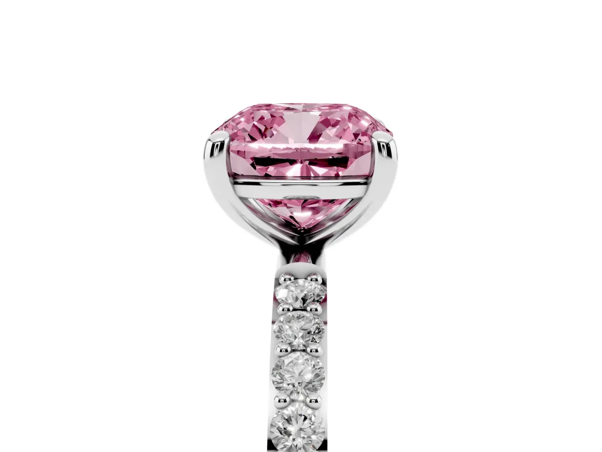 Fancy Pink Cushion Cut Diamond Solitaire Ring with Round Pavé Band and Prong Setting Platinum