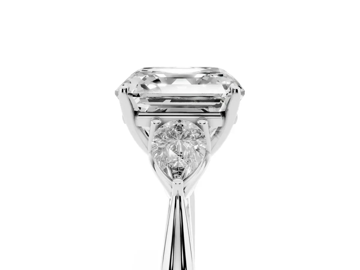 Three-Stone Asscher Cut Diamond Ring with Pear Side Stones in Four-Prong Setting Silver