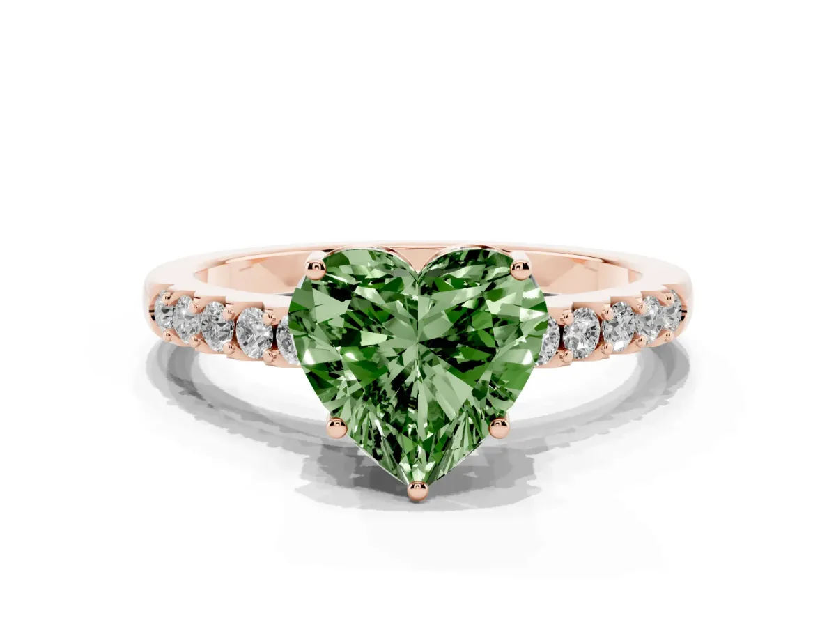 Fancy Green Heart Cut Solitaire Diamond Engagement Ring with Pavé Band and Six-Prong Setting Rose gold