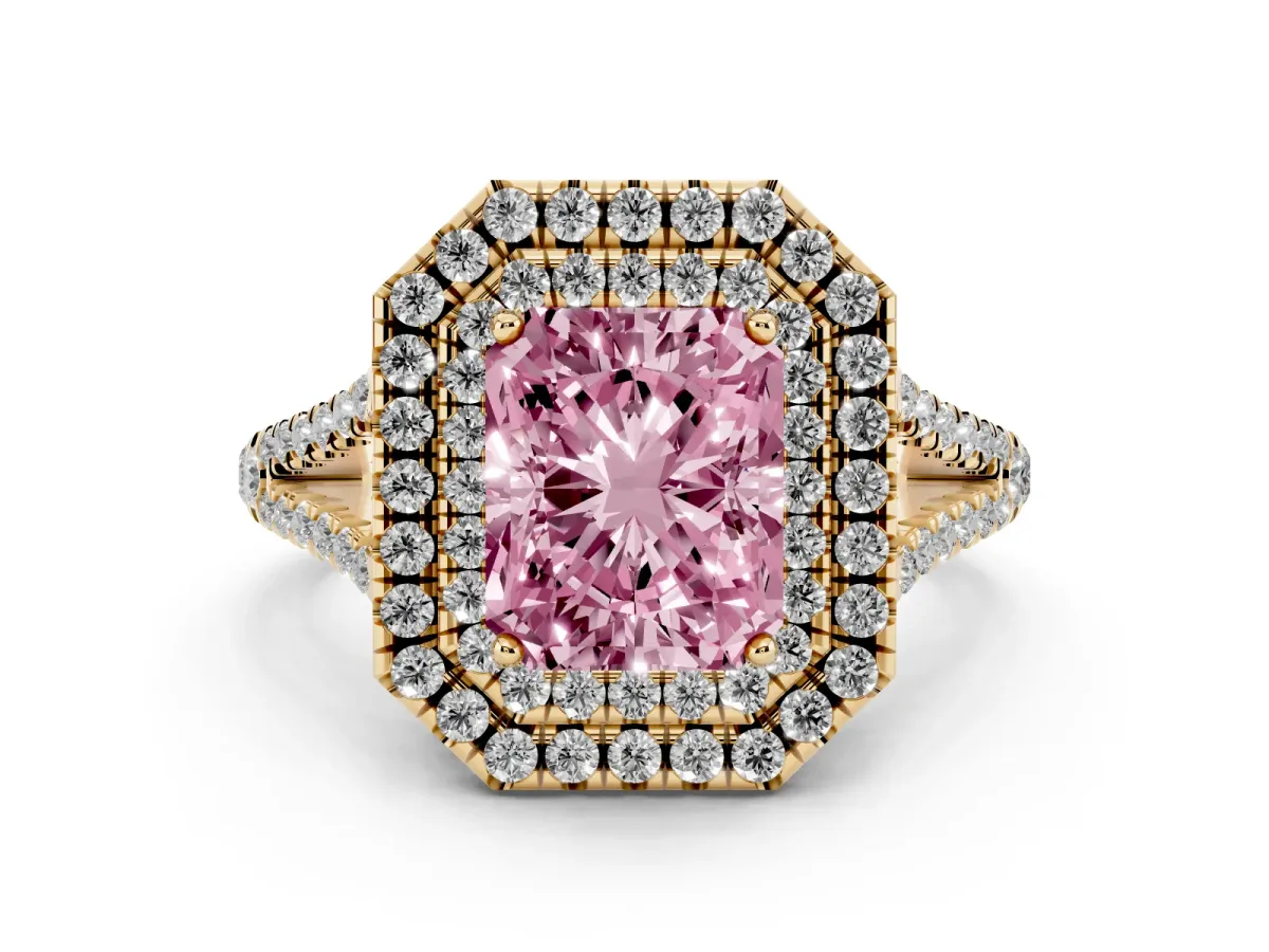 Fancy Pink Radiant Cut Diamond Double Halo Ring with Pavé Band and Prong Setting Yellow gold