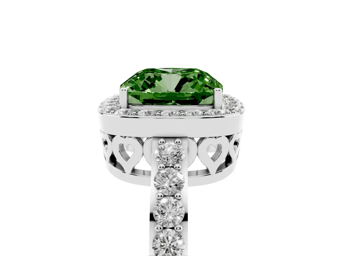 Fancy Green Cushion Cut Halo Diamond Pavé Band Ring with Prong Setting Silver
